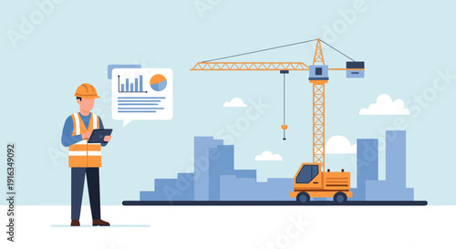 Construction project management with digital tools and tower crane in urban area