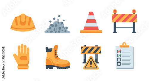 Construction and safety icons set: hard hat, traffic cone, safety barrier, and equipment