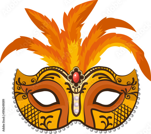 Feather golden mask. Traditional carnival show accessory