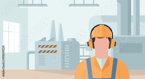 Flat design factory worker in safety gear inside manufacturing facility