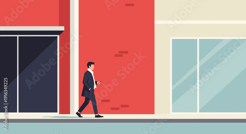 Businessman walking on urban sidewalk with smartphone in modern flat style