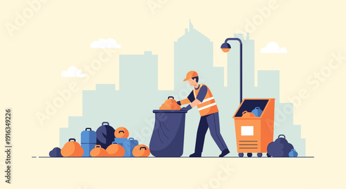 Urban cleanup concept: worker collecting trash in cityscape scene