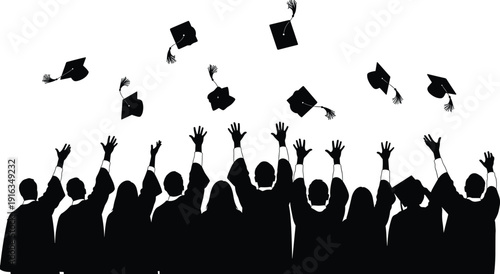 Graduation silhouettes, students in gowns, cap toss celebration, academic achievement, education ceremony illustration, success milestone, vector graphic, joyful moment