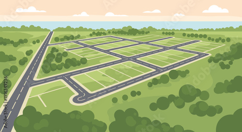 Future residential area in a landscape with roads and plot divisions