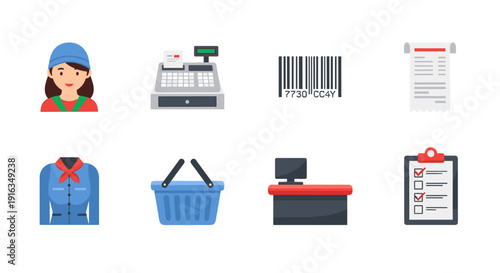 Retail icons collection: cashier, uniform, barcode, receipt, basket, register