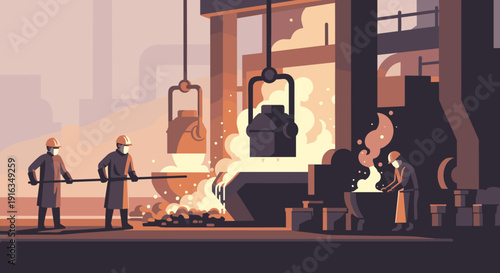Industrial steelworkers in factory with molten metal in flat design