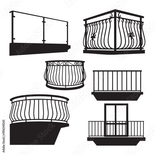 Balcony railing icon collection. Includes balcony, fence, handrail, guardrail, and railing designs. Created in black vector style with simple lines.