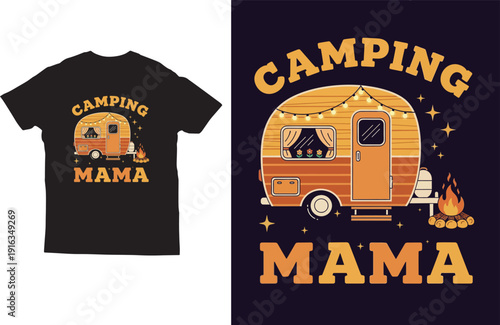 Camping Mama t‑shirt design with cute retro camper trailer and campfire