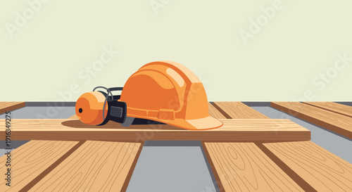 Safety equipment on wooden planks in minimalist style