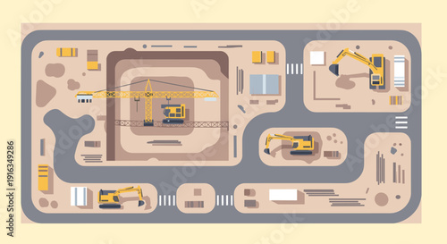 Flat style construction site with cranes and excavators on a simple layout