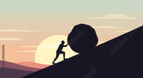 Silhouette of determined figure pushing boulder uphill at sunset with pastel sky