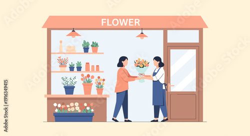Flat design flower shop with customers and floral arrangements