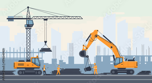 Construction site with heavy machinery and workers in flat urban style