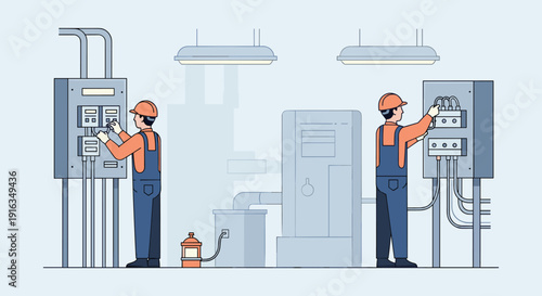 Electricians working with control panels in a modern industrial facility