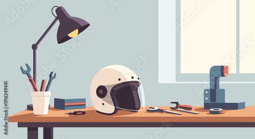 Workspace with helmet and tools: modern flat design for creative projects