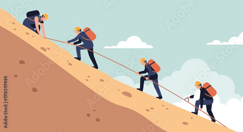 Team of climbers ascending steep hill in adventure expedition