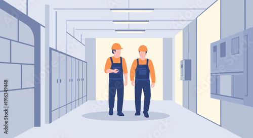 Industrial workers in modern facility wearing safety gear and helmets