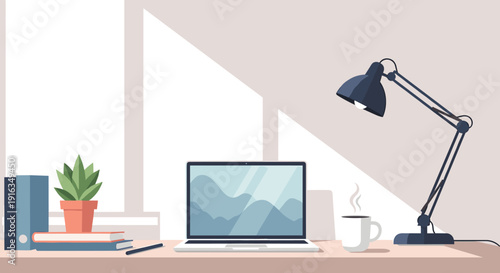 Modern workspace with minimalist laptop, desk lamp, and coffee