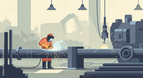 Industrial worker welding in modern factory setting with equipment and sparks