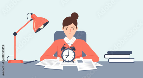 Woman managing time and workloads at desk with alarm clock and documents