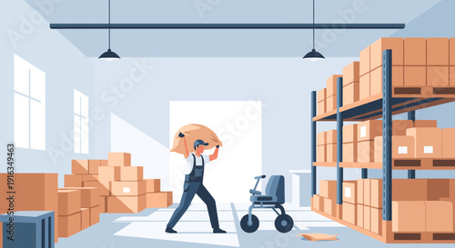 Warehouse worker with package and robotic assistant in modern storage facility