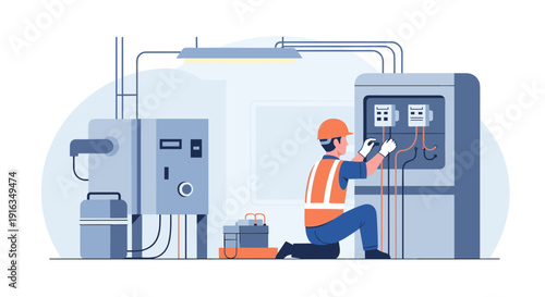 Electrician working on control panel in industrial facility with modern equipment