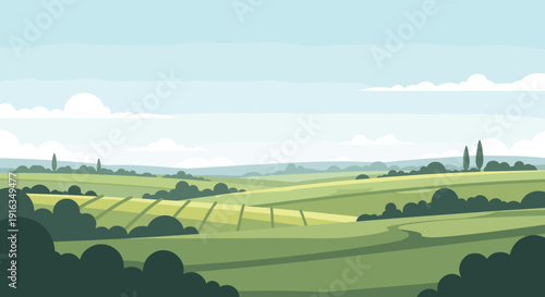 Serene flat landscape with rolling hills and clouds