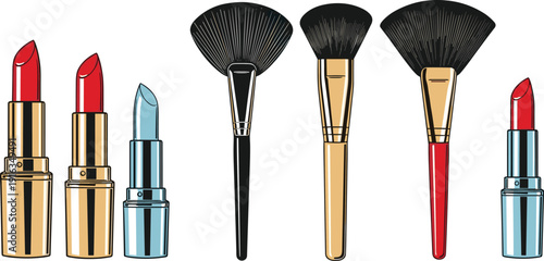 Vector illustration of makeup cosmetics including lipstick and brushes, elegant beauty tools isolated on white background for professional fashion design use purposes