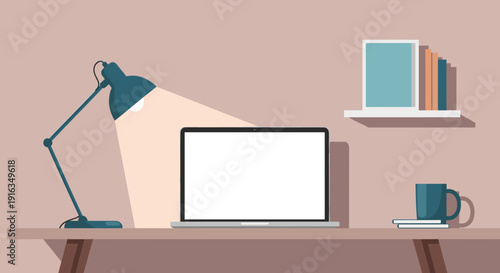 Minimalist workspace with laptop and desk lamp in a modern home office setting