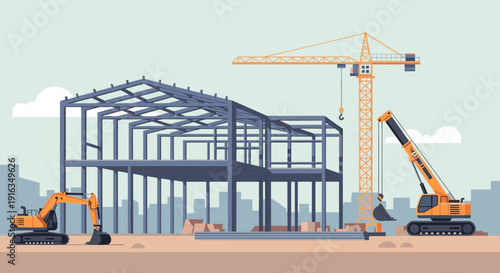 Construction site with cranes and building framework in a flat design style
