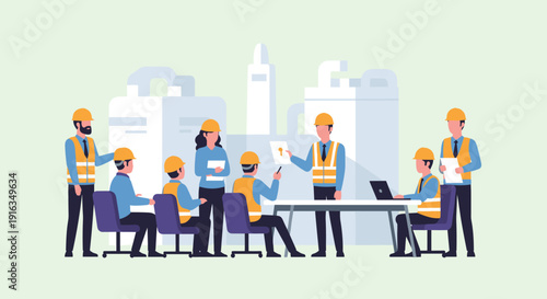 Engineers and architects collaborating in modern industrial workspace