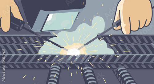 Welder working with sparks and metal in flat style