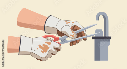 Hands in gardening gloves pruning plant with scissors