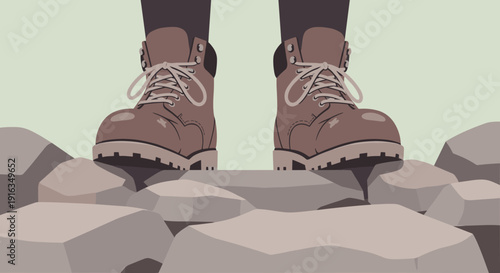 Rugged boots on rocky terrain in stylized flat design