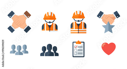 Collaborative teamwork and safety symbols with modern icon design