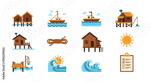 Coastal icons: boats, stilt houses, waves, and sun in colorful flat design