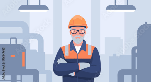 Industrial worker in safety gear posing in modern factory setting