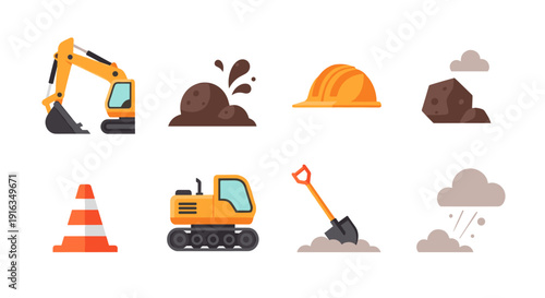 Construction equipment and safety icons set in flat design style