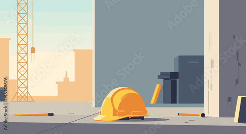 Construction site with hard hat and urban background in flat design