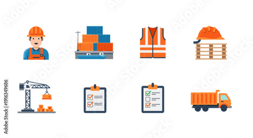 Construction and logistics icons set featuring worker, equipment, and cargo graphics