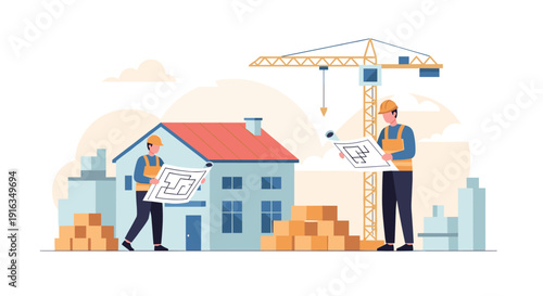 Modern construction scene with workers, house, and crane in flat design