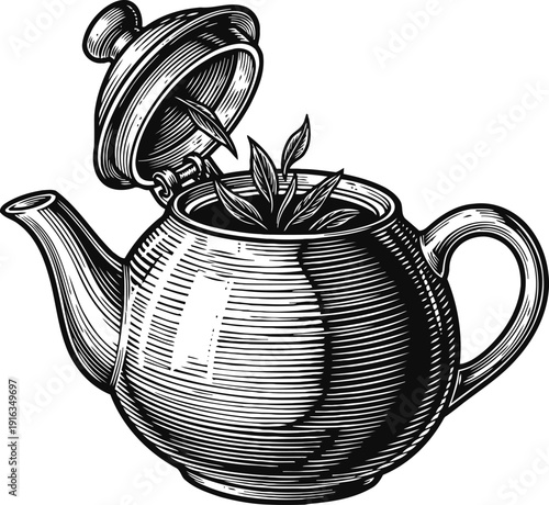 Vintage teapot with lid open and fresh tea leaves inside classic elegant kitchenware illustration