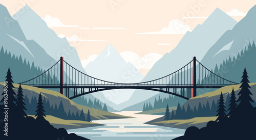 Scenic landscape with bridge and mountains in minimalist style