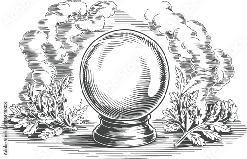 Vintage crystal ball with mystic smoke and ornate leaves, esoteric fortune telling design