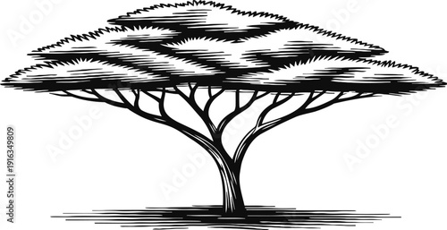 Acacia tree silhouette with spreading canopy and detailed branches in black and white