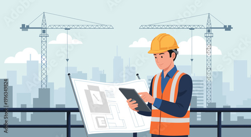 Construction worker in hard hat reviewing plans on tablet with urban cityscape