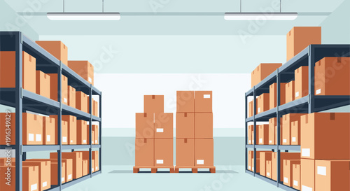 Modern warehouse interior with stacked cardboard boxes on industrial shelves