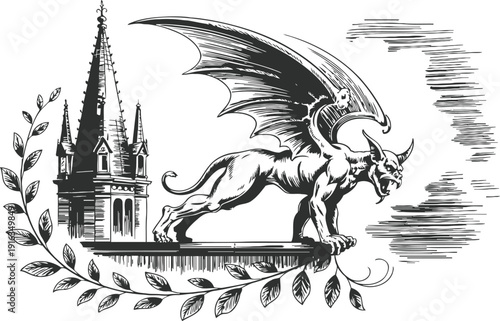 Gothic gargoyle perched on cathedral roof with detailed spires and decorative leaves