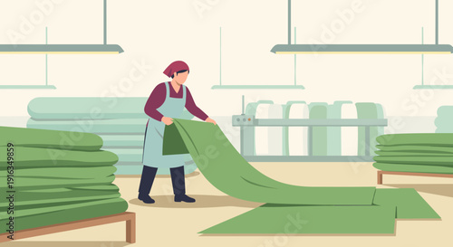 Worker arranges fabrics in industrial textile factory setting
