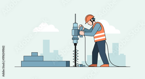 Construction worker operating drill machine on building site with cityscape background